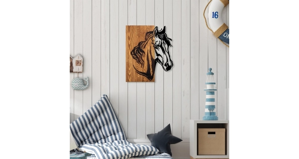 Dekorativní dřevěný doplněk na zeď - KŮŇ, 48 x 57 cm 